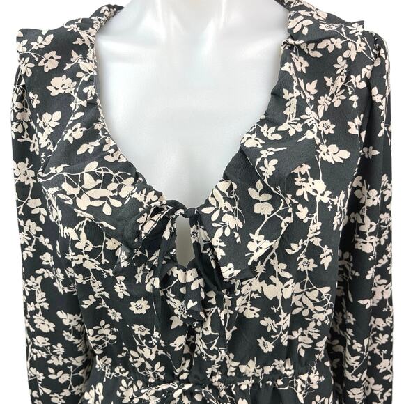 Old Navy Black Ivory Floral Tie Neck V Neck Ruffle Long Sleeve Blouse Top Size M - Picture 5 of 7